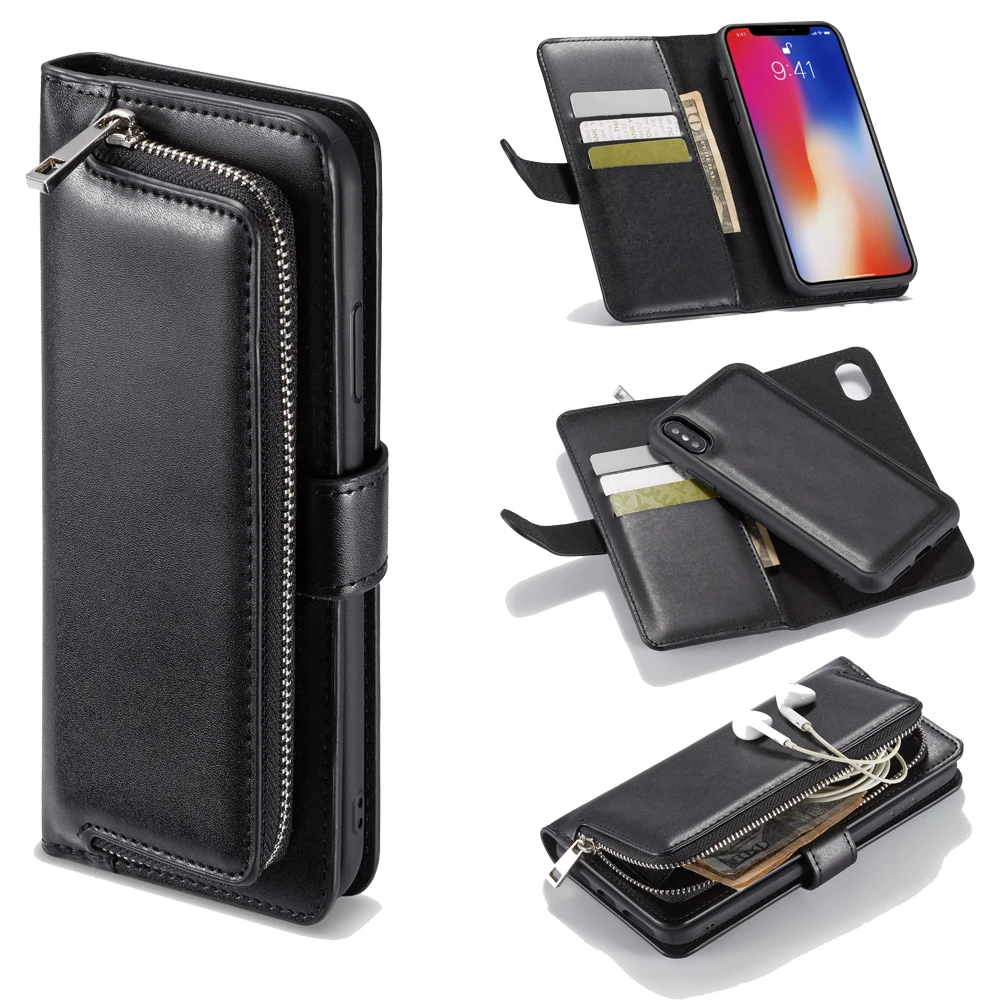 Для iphoneXS MAX Чехол Съемный на молнии Магнитный Флип кожаный Мульти держатели карт