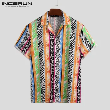 

2020 Summer Fashion Men Hawaiian Shirt Leopard Striped Casual Short Sleeve Lapel Blouse Streetwear Chic Beach Camisas INCERUN 7