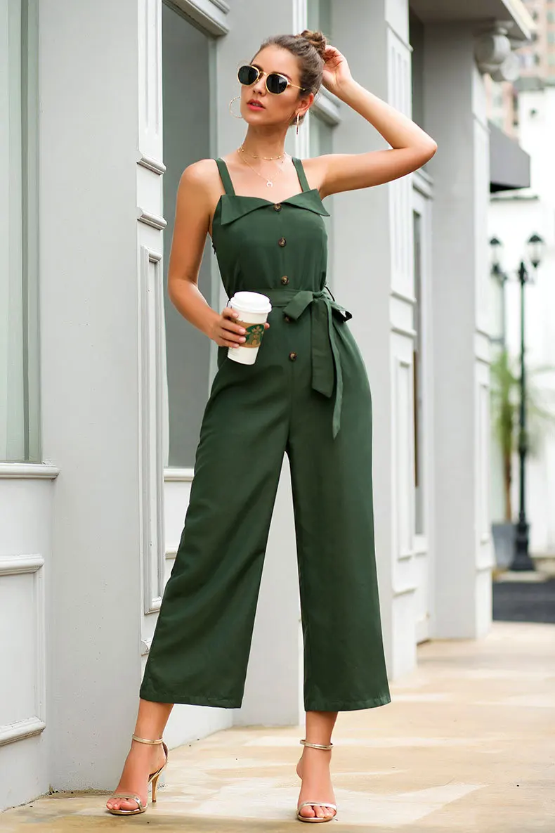 

Wowen's Simple Jumpsuit Spaghetti Strap Button Backless Straight Female Jumpsuit with Tie-up Sash Green