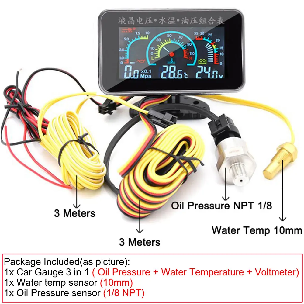 5 In 1 12V Car LCD Electronic Tachometer + Oil Pressure Gauge + Volt Voltmeter+Water Temperature Gauge+Fuel Gauge with Sensor