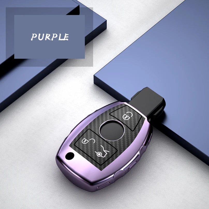 Purple 1 шт. ТПУ углеродное волокно автомобильный чехол для дистанционного ключа защитный чехол для ключей для Mercedes Benz аксессуары W203 W210 W211 W124 - Название цвета: Purple
