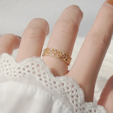 Hot Selling Fashion Jewelry 14K Real Gold Plating Copper Inlaid CZ Zircon Ring Elegant Square Hollow Open Women Ring