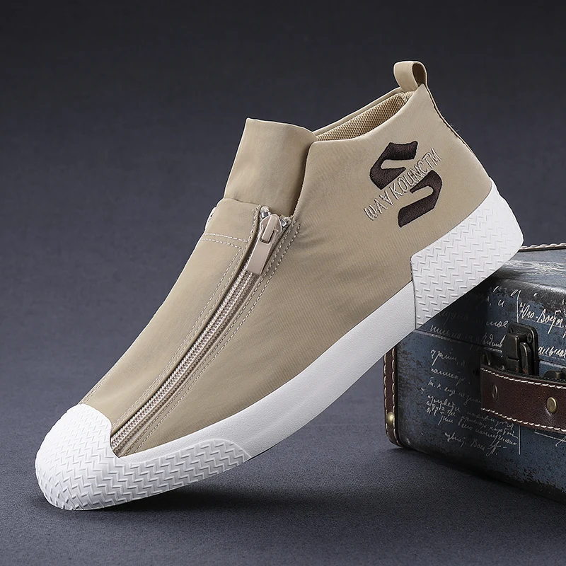 Men Canvas Sneakers Flats-Shoes Casual Fashion Double-Row Comfort Zipper-Design Breathable