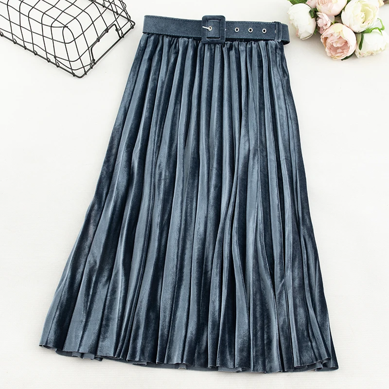 blue skirt Элегантные плиссированные юбки с поясом Falda, длинные эластичные юбки с высокой талией, повседневные юбки Jupe Hiver, Корейская бархатная тонкая весенне-осенняя Женская юбка - Цвет: blue skirt
