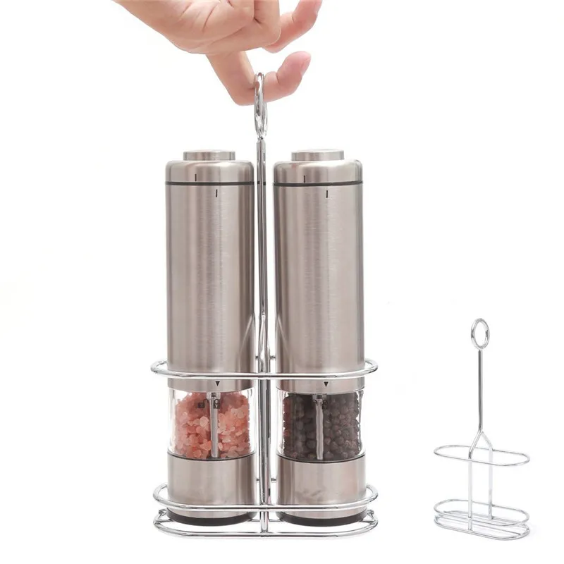 

Electric Pepper Mill Salt and Grinder Set with Stainless Steel Stand LED Light Battery Adjustable Ceramic Automatic Salt Grinder