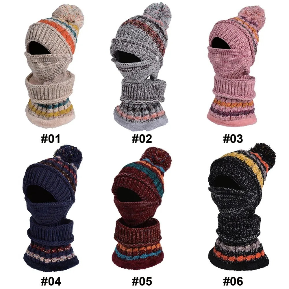Beanie Hat Scarf Face Mask Set Thick Patchwork Detachable Knitted Cap Neck Warmer Headwear New