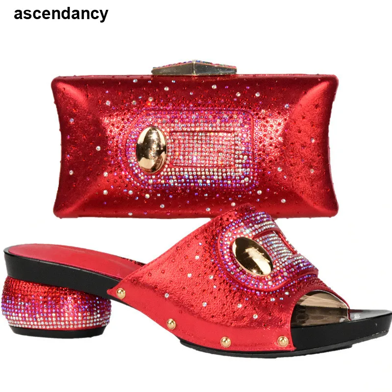 

New Arrival Red Color Italian Ladies Shoe and Bag Sets Decorated with Rhinestone Matching Women Shoes and Bag Set for Wedding