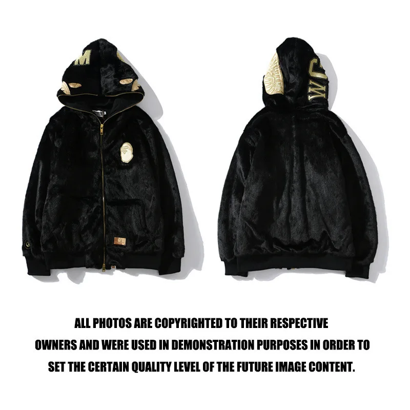 

Japanese-style Popular Brand Autumn And Winter New Style Black And Golden Embroidered Furry Shark Hooded Coat