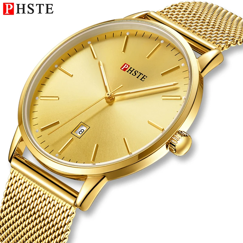 

PHSTE Men Watch Quartz Japan Movt Luminous Date Clock Waterproof Slim Gold Steel Mesh Brand Luxury Man Wrist Watch Male Golden