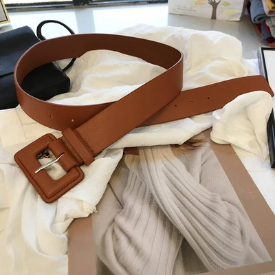 3 Colors Women Ins PU Belt Broad Solid Fashion All Match Buckle Belt Elegant Lady Street Waistband Overcoat Dress Accessories - Цвет: Brown