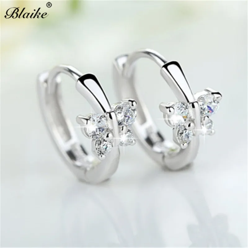 Blaike 925 пробы серебро серьги-кольца с бабочкой для Для женщин Изысканный австрийский хрусталь, Свадьба обручальные серьги