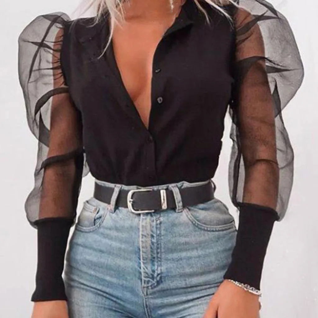 

Stylish Bar Womens Blouses And Tops Stand Collar Button Tank Perspective Short Top Puff Sleeve Shirt For Women Bluzki Damskie