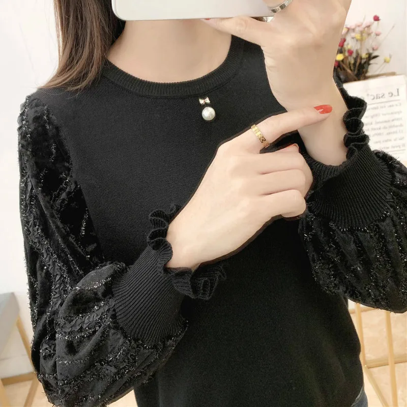 bright stripe black Woherb Pull Femme кружево выдалбливают лоскутный свитер для женщин перо золото бархат рукав пуловер корейская мода новые Джемперы 91009 - Цвет: bright stripe black