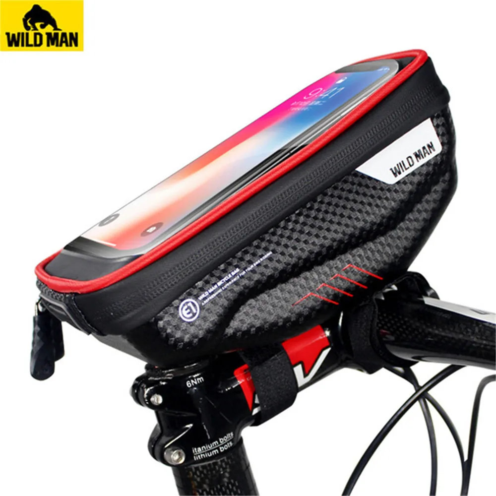 Red WILD MAN MTB Bicycle Bags Front Rainproof 5.8/6.0 Inch Phone Case Touch Screen Road Bike Bag Front Tube Bag Bicycle Accessories - Color: Red
