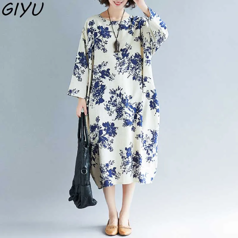 4XL 5XL 6XL 2019 Новое Осеннее синее и белое фарфоровое льняное платье с принтом женское