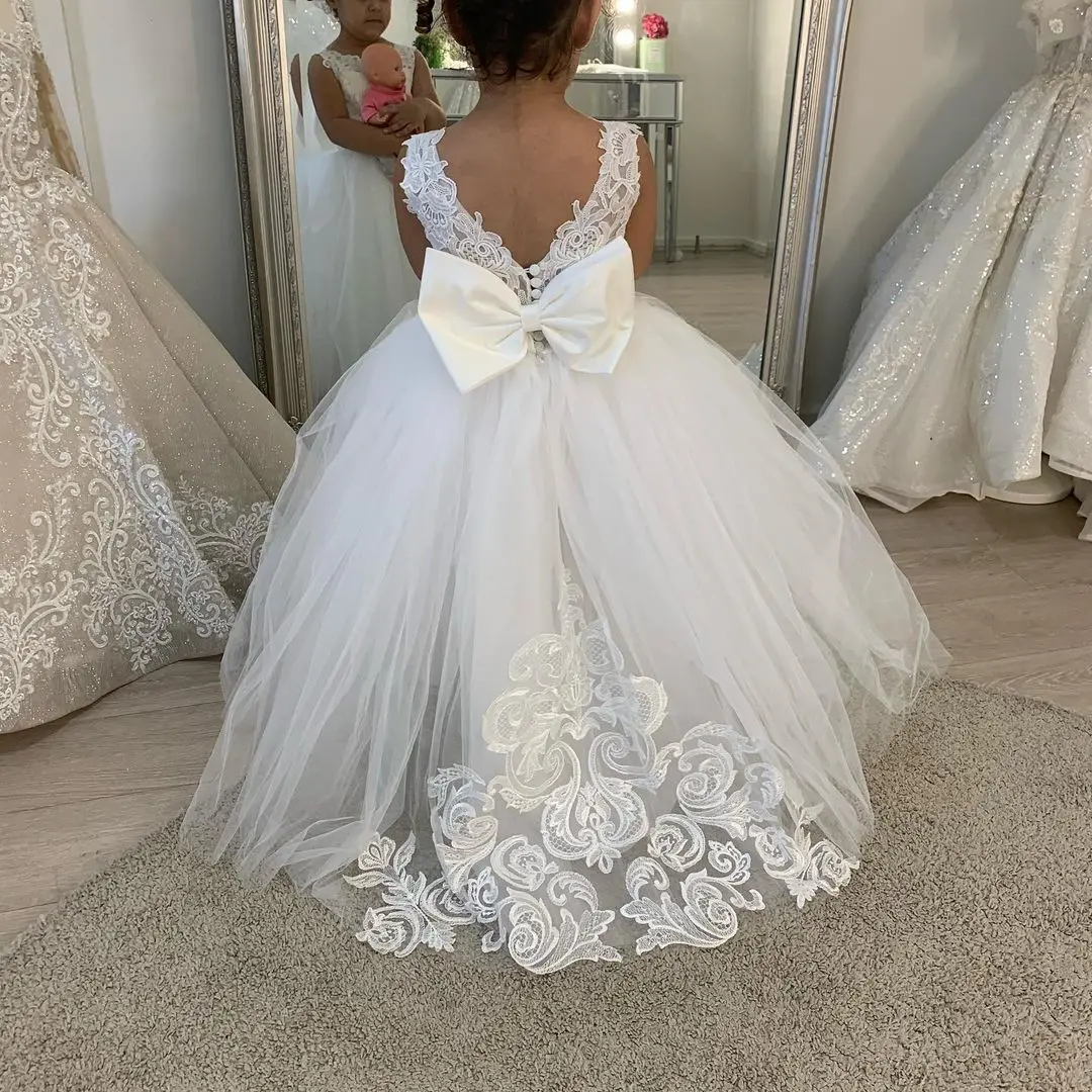 Flower Girl Dresses 3-9 Years Flowers Appqulies Beads Bow Long Train Backless Buttons Wedddding Party for Even Guest Kid Girl Tutu floral appliqu&eacute; dress,girls dresses