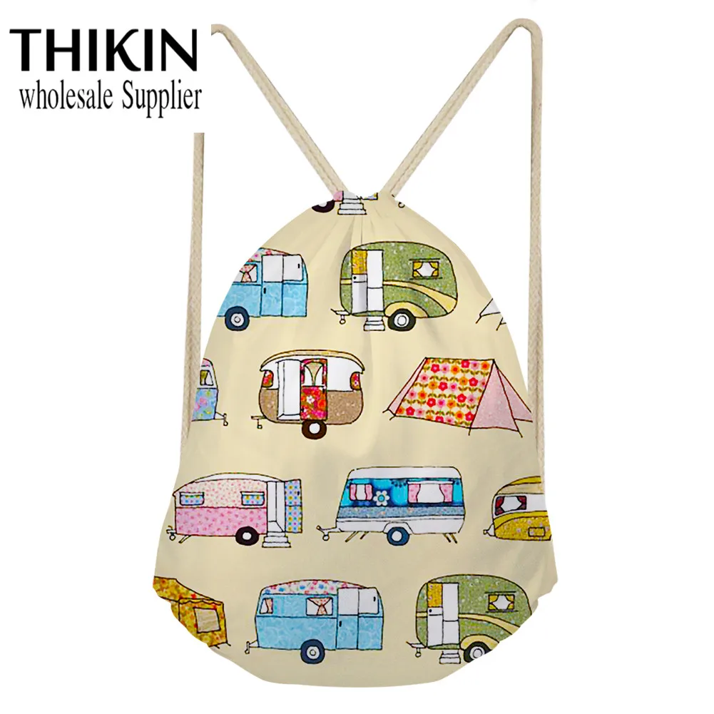 THIKIN Happy Campers печать для женщин и мужчин сумки на шнурке подростков мультфильм рюкзак полиэстер Mochila Feminina Sac Dos повседневное