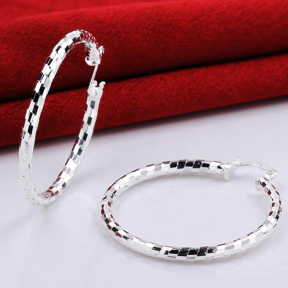Solid 925 Stamp Silver color Earrings for Women Jewelry Sweet romantic Lattice pattern 4CM Big