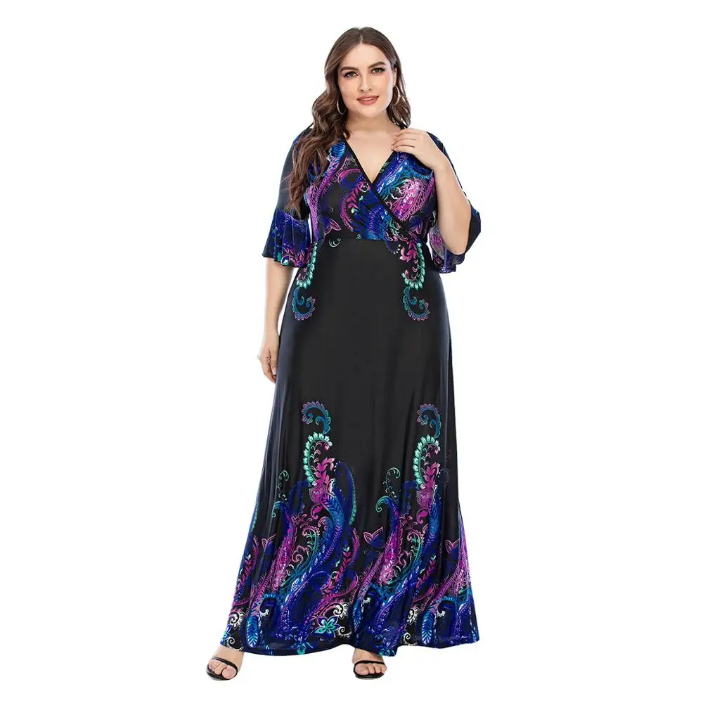 Летнее платье нового размера плюс с модным принтом богемное длинное v образным