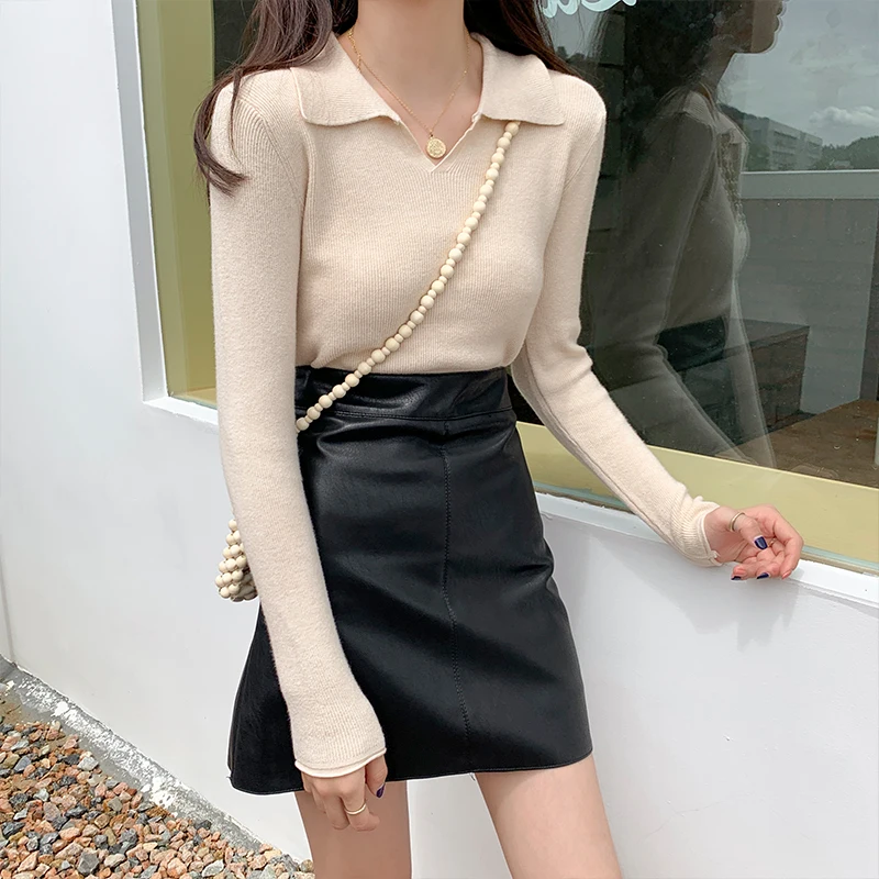 

JXMYY Fashion Knit Fall Winter 2020 New Polo Collar V-neck Slim Solid Color Long Sleeve Sweater All-match Jacket