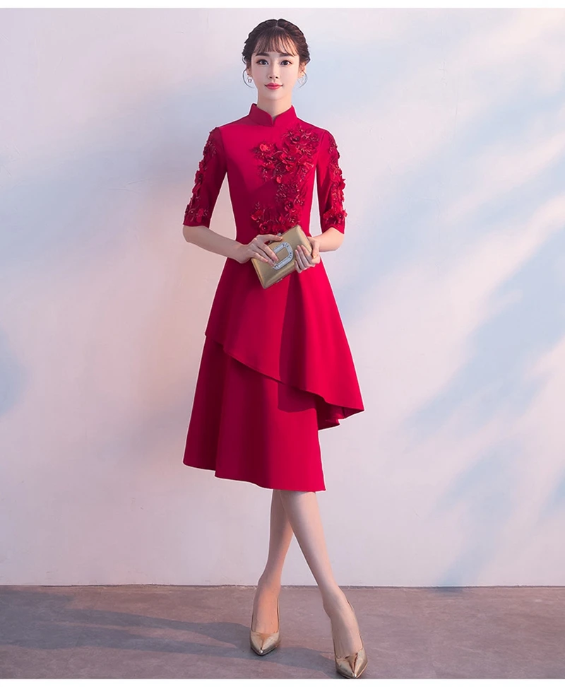 Китайское свадебное платье cheongsam вечернее платье юбка женская Банкетная осенняя и зимняя красная Свадебная Современная обычно ноская