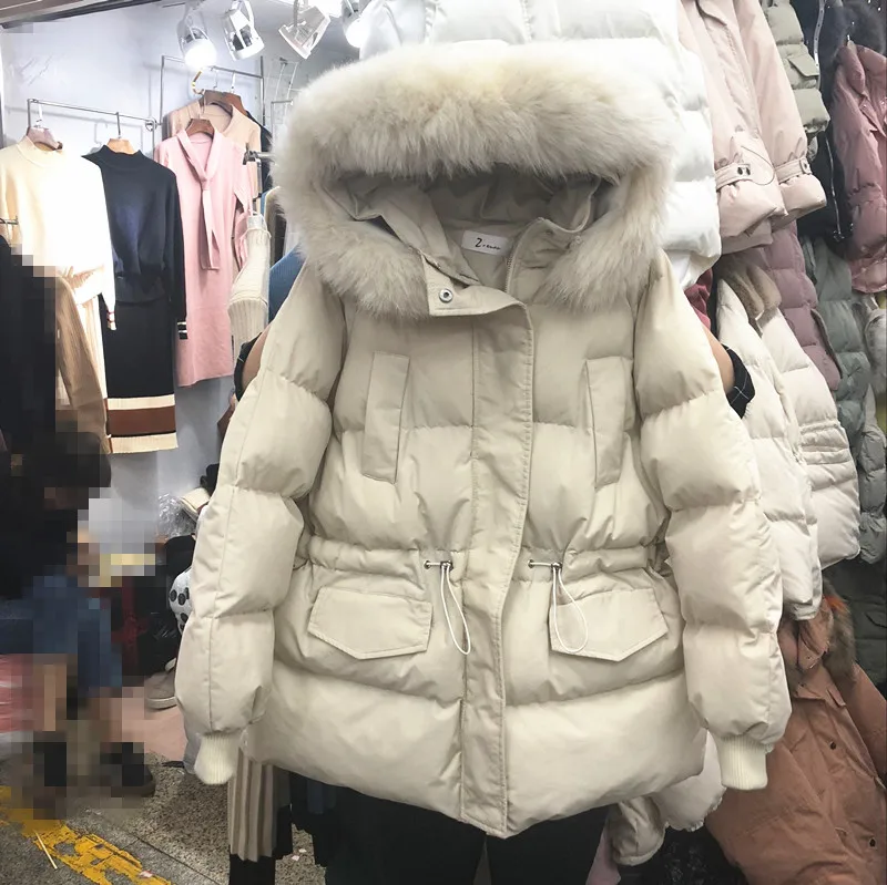 Хлопковая стеганая куртка женская новая зимняя одежда студенческий толстый меховой воротник большие карманы с капюшоном куртки - Цвет: Creamy-white