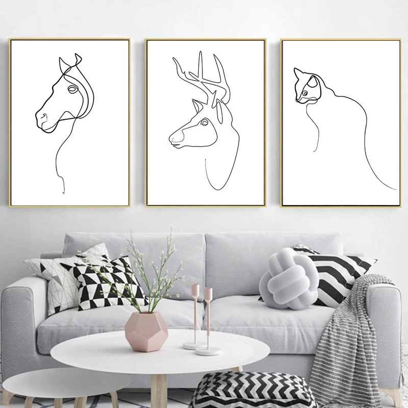 Абстрактная лошадь олень кошка животные линии рисунок Северный плакат печать