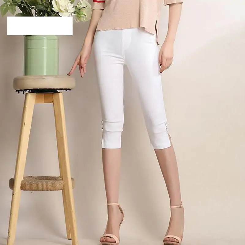 Женские брюки 2020 Капри женские черные белые леггинсы с эластичной резинкой на