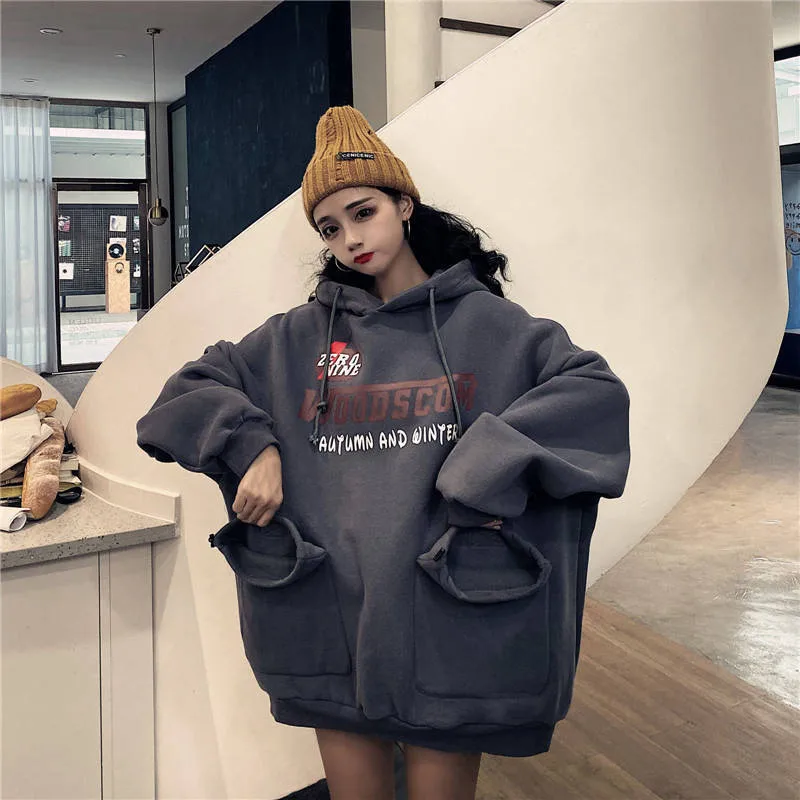Толстовки с капюшоном толстые плюс бархатные карманы Harajuku Пуловеры женские топы с длинными рукавами Ulzzang студентов негабаритных балахон тренд