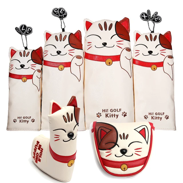 Cat PU Leather Kitty Embroidery Golf Club Head Covers for Driver Fairway Woods Hybird Blade Mallet Irons Putter