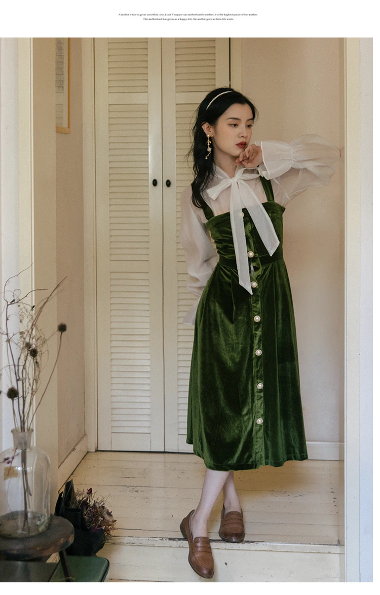 Шикарное винтажное велюровое платье, комплект из 2 предметов, сетчатая рубашка+ жемчужные пуговицы, платье на тонких бретелях, платье миди, платье, Femme Vestido