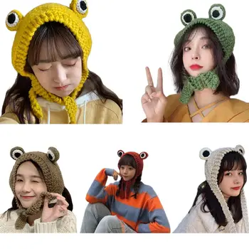 

Women Men Cute Frog Eyes Weave Knitted Skullies Beanie Hat Solid Color Chunky Crochet Harajuku Winter Warm Earflap Cap Photograp