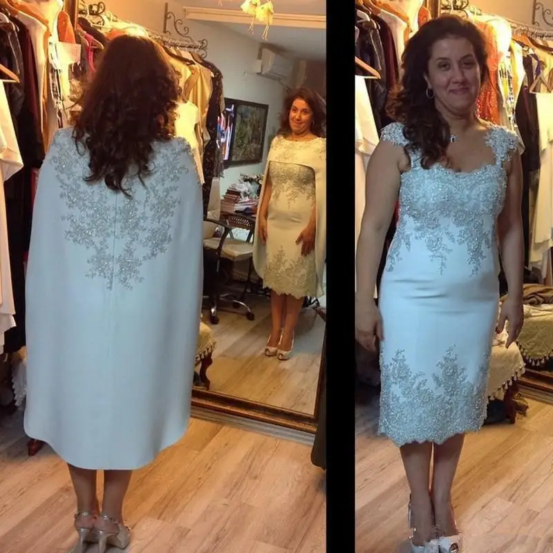 

Matched Wraps Applique Elegant Tea Length Cap Sleeve Wedding Guest gown Women Evening Lace Sheath Mother Of the Bride Dresses
