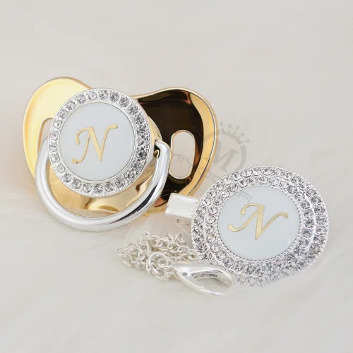 BLING silver bling name Initial letter N elegant bling pacifier and pacifier clip BPA free dummy bling unique design LN-1 - Цвет: LN-8-1  6-18M