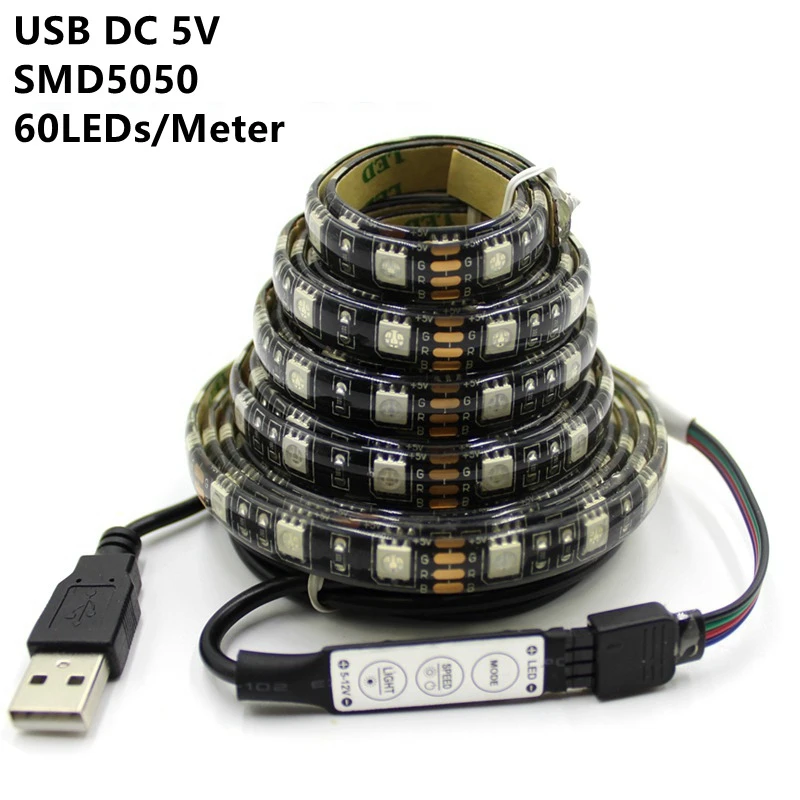 IP65 водонепроницаемый DC5V USB Светодиодные ленты RGB 5050 ЧЕРНЫЙ печатной платы гибкий свет ТВ фонового освещения RGB светодио дный клейкая лента