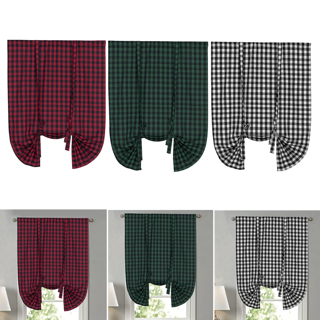 Buffalo Check Tie Up Curtains for Windows - Rod Pocket Semi Sheer Light Reducing Kitchen Valance Curtains, 42 x 63 Inches