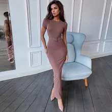 Robe longue à col rond pour femme, vêtement d'hiver Sexy, décontracté, manches courtes, élégant, fête, taille haute, couleur unie, Slim