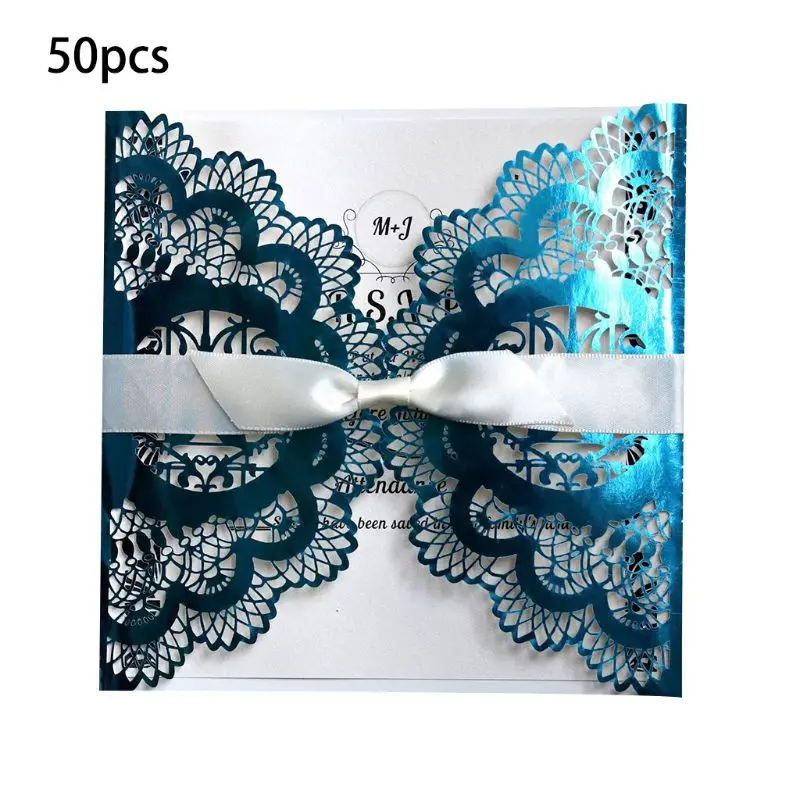 50pcs Wedding Invitation Card with ribbon Laser Cut Floral Glittering Engagement Baptism Invitations Birthday Greeting Card