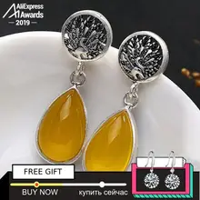 NOT FAKE S925 Fine Poland Earrings 925 Sterling Silver Women Antique shop noble Nature Retro Exquisite citrine Amber life tree