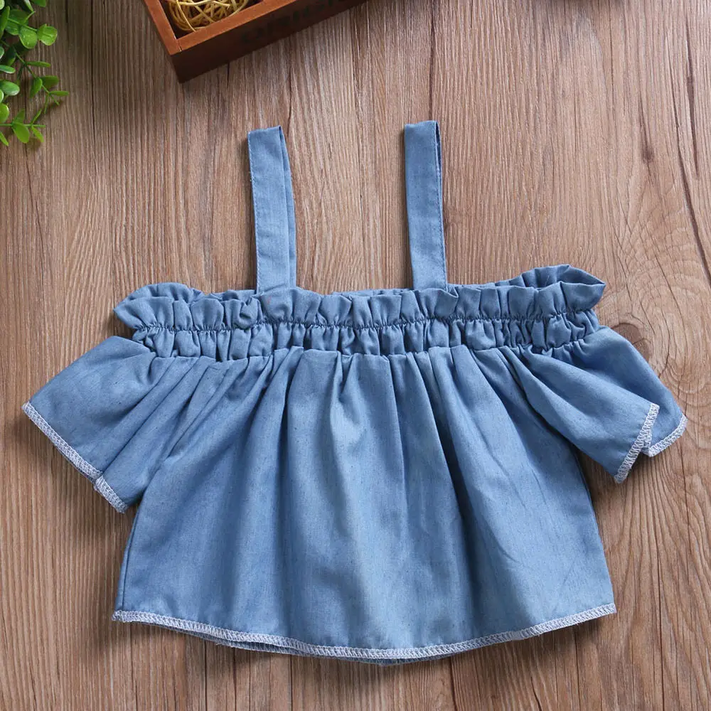 Solid Cold Shoulder Buttons Decor Denim Shirt Top For Toddler and Baby Girl