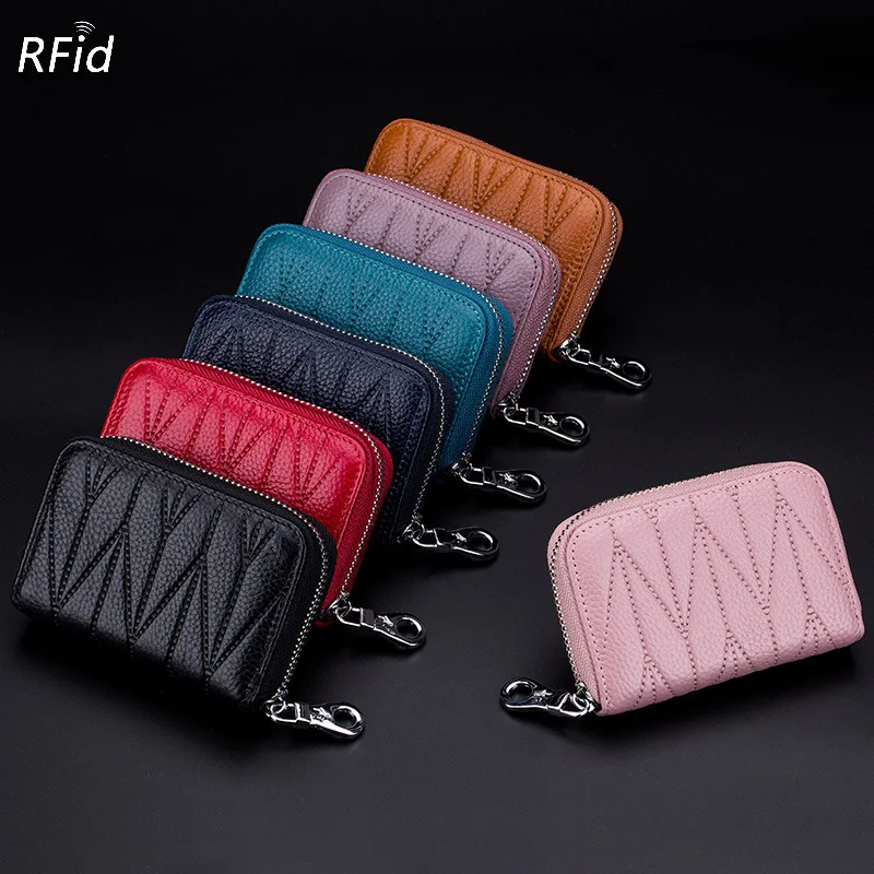 

Brand Genuine Leather RFID Credit Card Holder Top Layer Cowhide Business Cards Case Women Travel Zipper Organ Card Bag Wallets