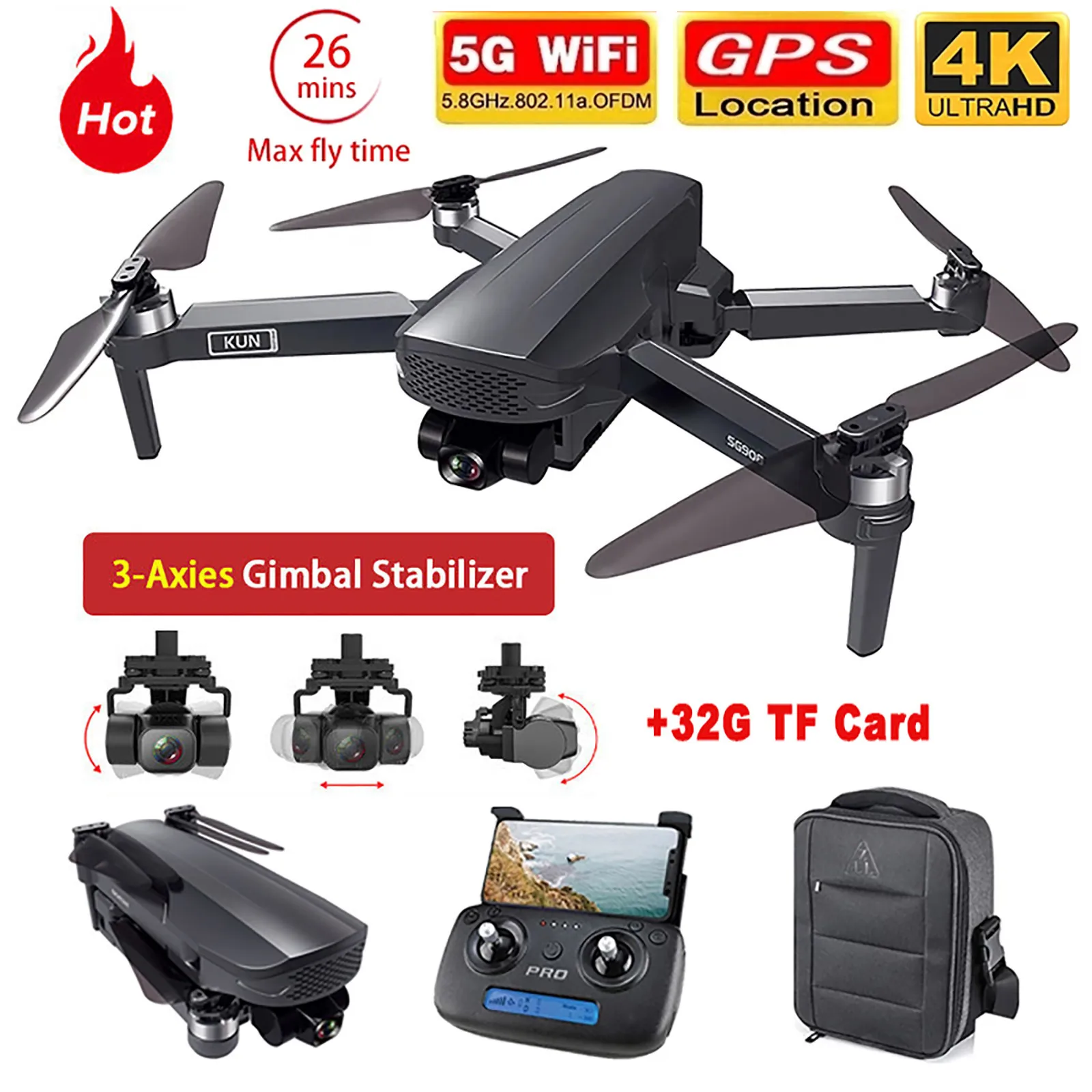 Sg908 Kun Drone Three axis Self stabilizing Gimbal Gps Professional  Aircraft 4k Hd 26min 1.2km Long distance Quadcopter 5g Wifi|Camera Drones|  - AliExpress