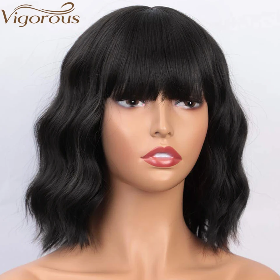 Энергичный короткий волнистый парик с челкой черные синтетические парики для