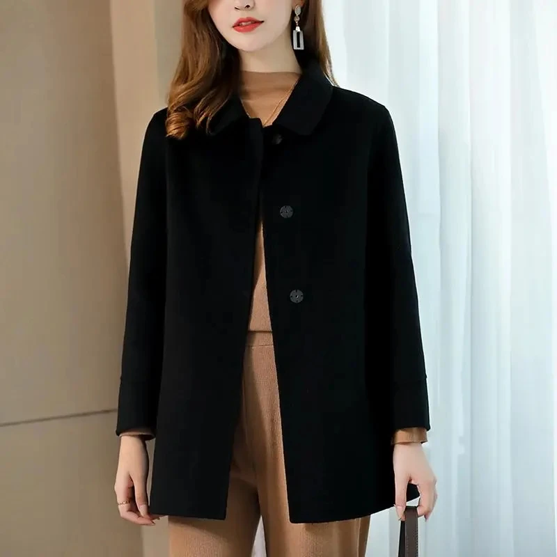 Women's Wool Mid Length Windbreaker Coats Ladies Winter Button Woolen Jacket