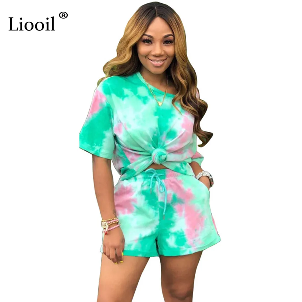 Liooil Tie Dye/комплект из двух предметов, короткий комплект, женские спортивные костюмы,, зеленая Укороченная рубашка с принтом и байкерские шорты, комплекты спортивной одежды, женский костюм