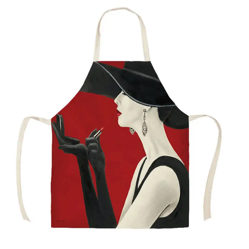 Linen Fashion Woman Print Kitchen Aprons Unisex Dinner Party Cooking Bib Funny Pinafore Cleaning Apron WQC293