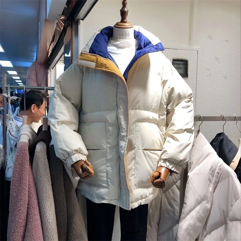 

2018 Winter New Style Korean-style Loose Large Version of Mixed Colors High Collar down Coat Thick Versatile down Feather Cotton