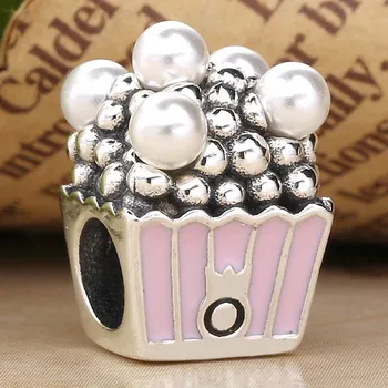 

Original Pink Enamel Delicious Popcorn Pearls With Crystal Beads Fit 925 Sterling Silver Bead Charm Bracelet Diy Jewelry