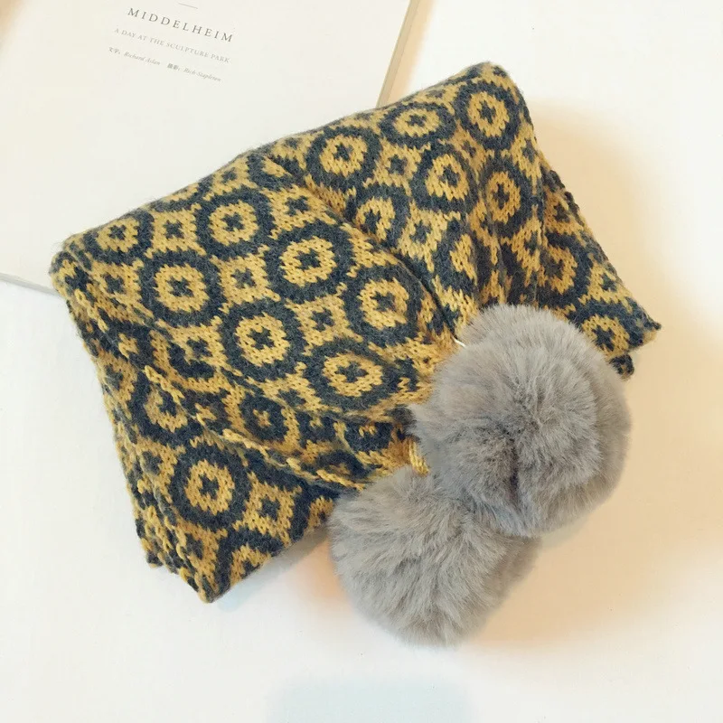 Korean Fashion Vintage Floral Print Winter Scarf Children Fur Ball Cute Knitting Warm Snood Children Neck Scarf Streetwear Shawl