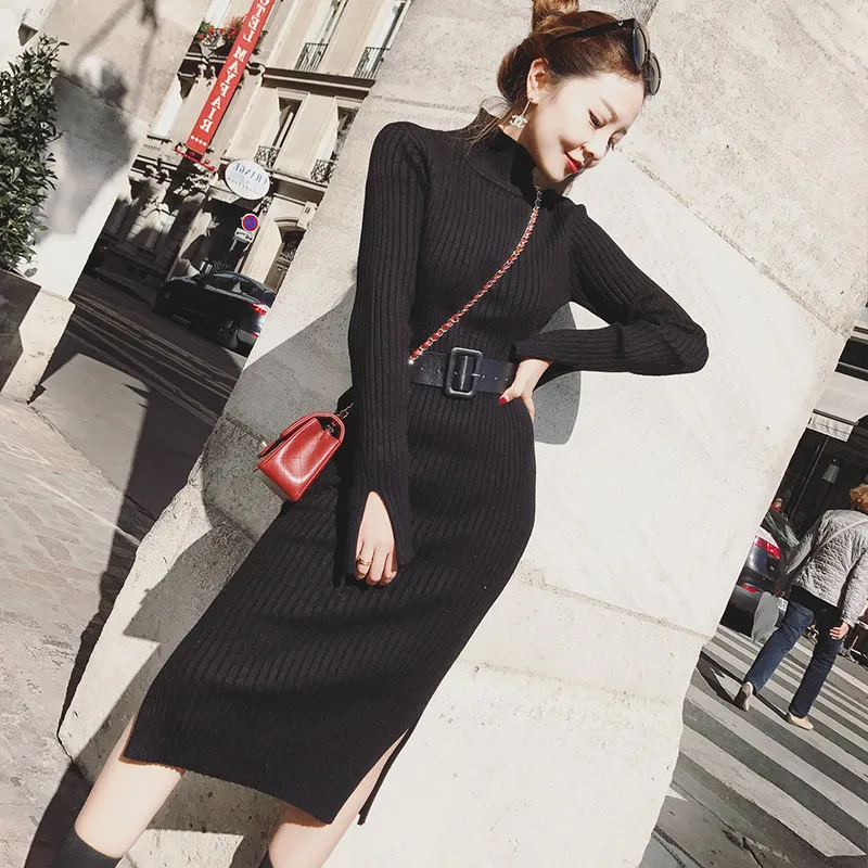 Осенне-зимнее вязаное Длинное Платье женское повседневное облегающее платье-свитер с Разрезом Платье офисное женское корейское стильное платье с поясом - Цвет: Black